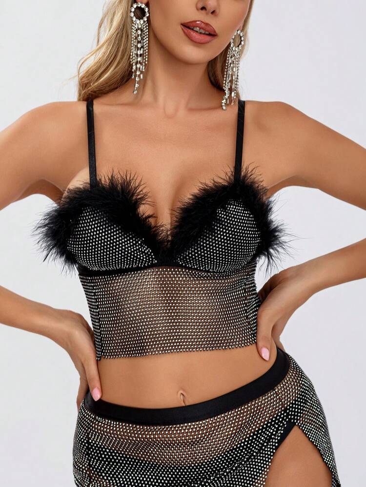 Fuzzy Trim Rhinestone Detail Cami Top