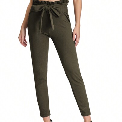 Women's Paper Bag Waist Pants With Bow Knot And Slim-fit