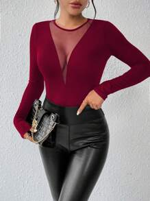 Chiquease Contrast Mesh Slim Fit Tee Fall Cloth For Women - Burgundy - View 5