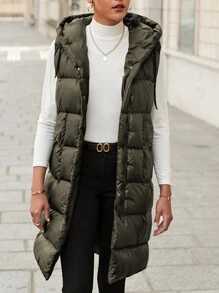 RueChic Drawstring Hooded Vest Padded Jacket - Khaki - View 4