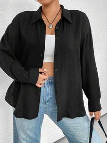 Flirla Hơn Chất rắn Thả vai Áo sơ mi - màu đen - Xem 3