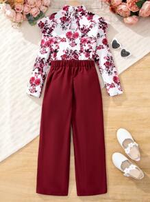 SHEIN Tween Girl 2pcs/Set Elegant Shirt And Pants Outfit , Suitable For Urban Commute - Burgundy - View 2