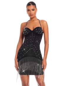 SHEIN BAE 女式水鑽珍珠流蘇下擺掛脖洋裝