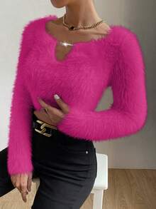 SHEIN Essnce Rhinestone Detail Fluffy Knit Crop Sweater - Hot Pink - View 4