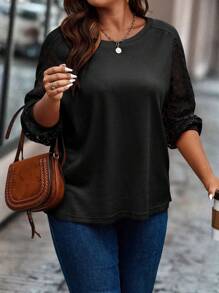 EMERY ROSE Plus Contrast Lace Lantern Sleeve Tee Fall Cloth For Women - Black - View 5