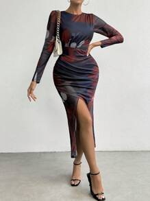 SHEIN Privé 圖案印花高衩洋裝 - 彩色 - 查看 4