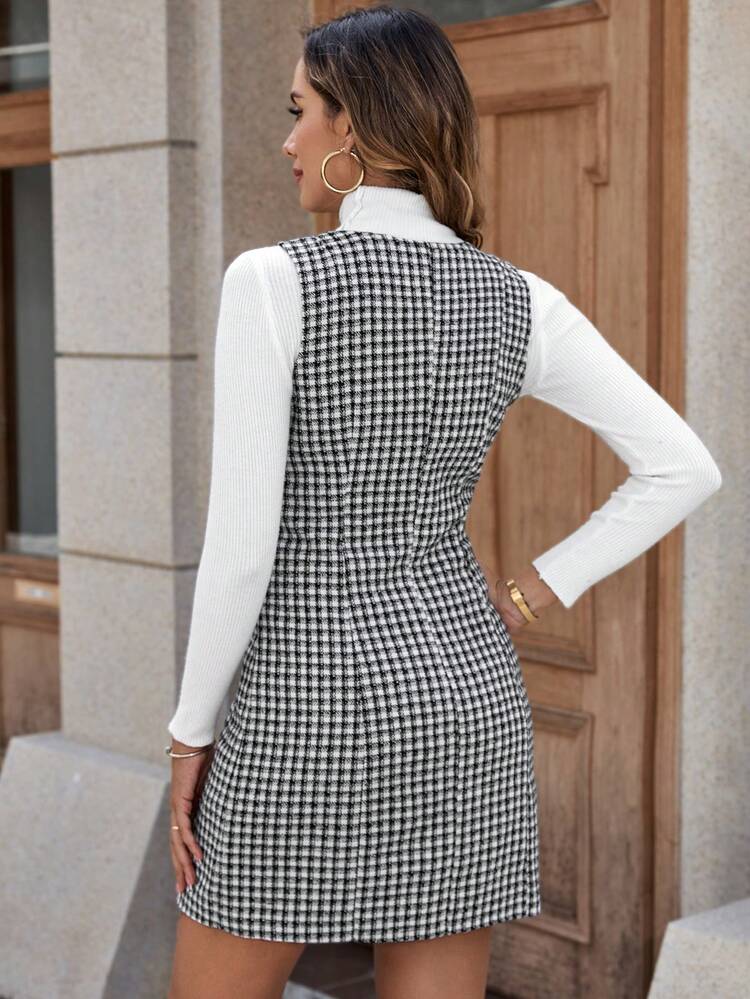 Houndstooth Print Zip Up Sleeveless Dress Without Sweater