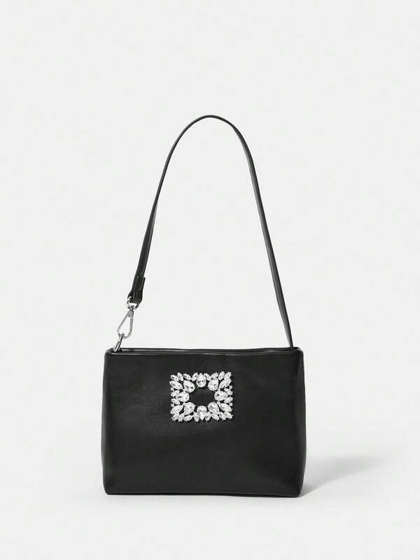 SHEIN Belle Singleshoulder Bag With Rhinestone Decoration, Black Soft