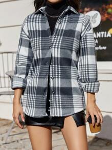 SHEIN Cottnline Women'S Plaid Notched Collar Drop Shoulder Regular Jacket - Black and White - View 5