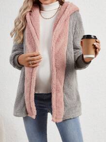 SHEIN Maternity Two Tone Hooded Teddy Coat, For Winter - Pink - View 1