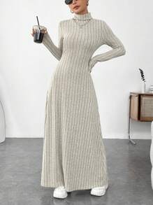 SHEIN EZwear 卡其色拉绒面料高领罗纹针织长款连衣裙 - 米色 - 查看 4