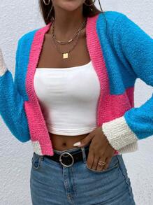 SHEIN Essnce Của phụ nữ Màu sắc Chặn Áo len Mở Với Mở Mặt trước - Màu xanh lam - Xem 4