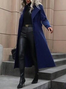 SHEIN Clasi 女士長袖翻領羊毛大衣 - 藏蓝色 - 查看 5