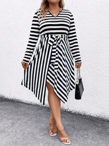 SHEIN LUNE Plus Striped Print Belted Dress - Black and White - View 1