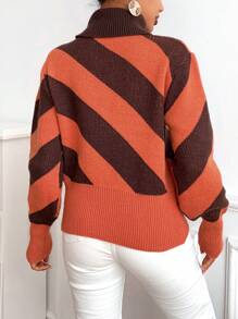 SHEIN LUNE Pull-over tricoté col roulé color block pour l'automne et l'hiver - Marron - Voir 2