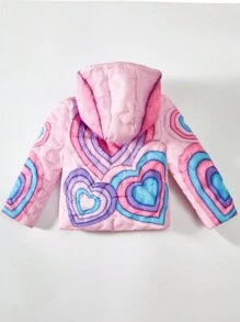 Baby Girl Heart Print Hooded Padded Coat - Pink - View 2
