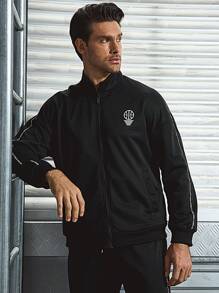 Gym Rark Boyfriend Style Men Letter Graphic Contrast Tape Zip Up Sports Jacket Workout Tops Sports Jacket - Black - View 3