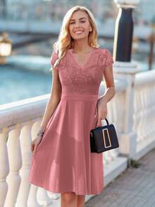 MIUSOL Đầm cocktail tay ngắn cổ chữ V ren hoa dáng chữ A, đầm dự tiệc cưới, đầm dạ hội. - Bụi hồng - Xem 7