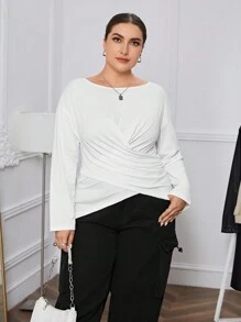 SHEIN Essnce Plus Size Women's Cross Front Hem T-shirt - White - View 1