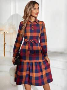 EMERY ROSE Plaid Print Ruffle Hem Belted Shirt Dress - Orange - View 6