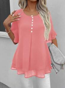 EMERY ROSE 純色擴口袖襯衫,配有模擬鈕扣 - 粉色 - 查看 4