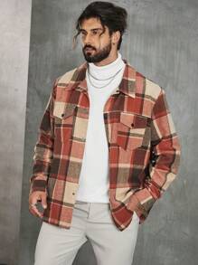 Manfinity Homme Men Plus Plaid Print Flap Pocket Overcoat - Khaki - View 4