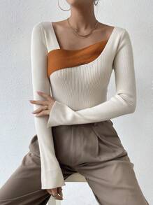 Chiquease Two Tone Asymmetrical Neck Ribbed Knit Sweater,Long Sleeve Tops Knit Pullover Fall Winter Sweater - Apricot - View 3