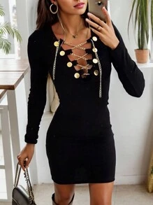 Women's Button & Chain Decor Bodycon Dress - Black - View 1