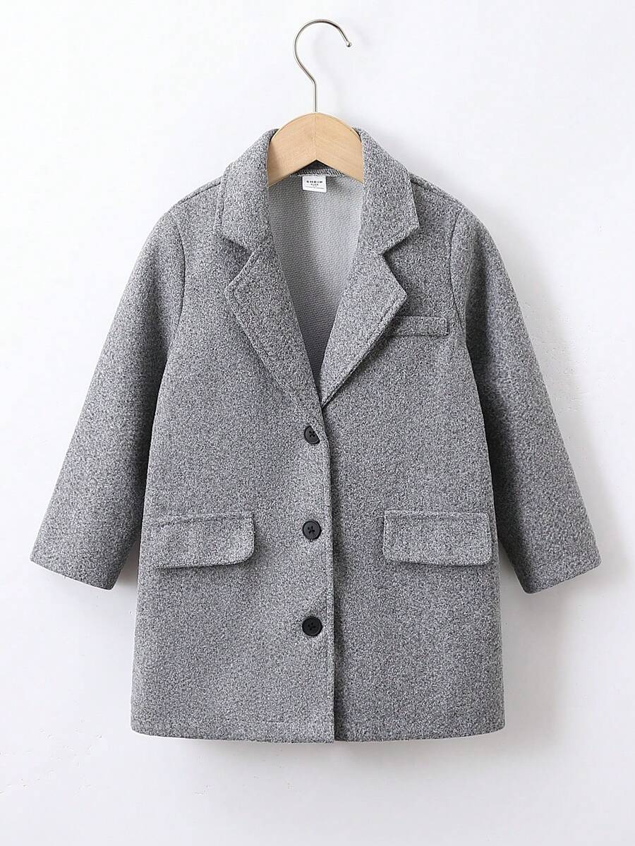 SHEIN 年輕男孩運動風雙飾口袋立領厚呢中長款外套,不含t卹,適合秋冬季節