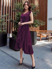 MIUSOL Contrast Floral Lace Ruffle Hem Chiffon Cocktail Party Swing Dress - Maroon - View 6