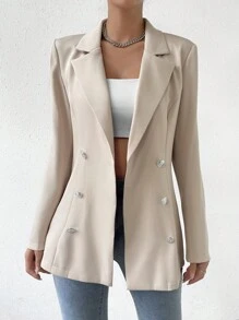 Chiquease Lapel Neck Double Breasted Belted Blazer - Khaki - View 6