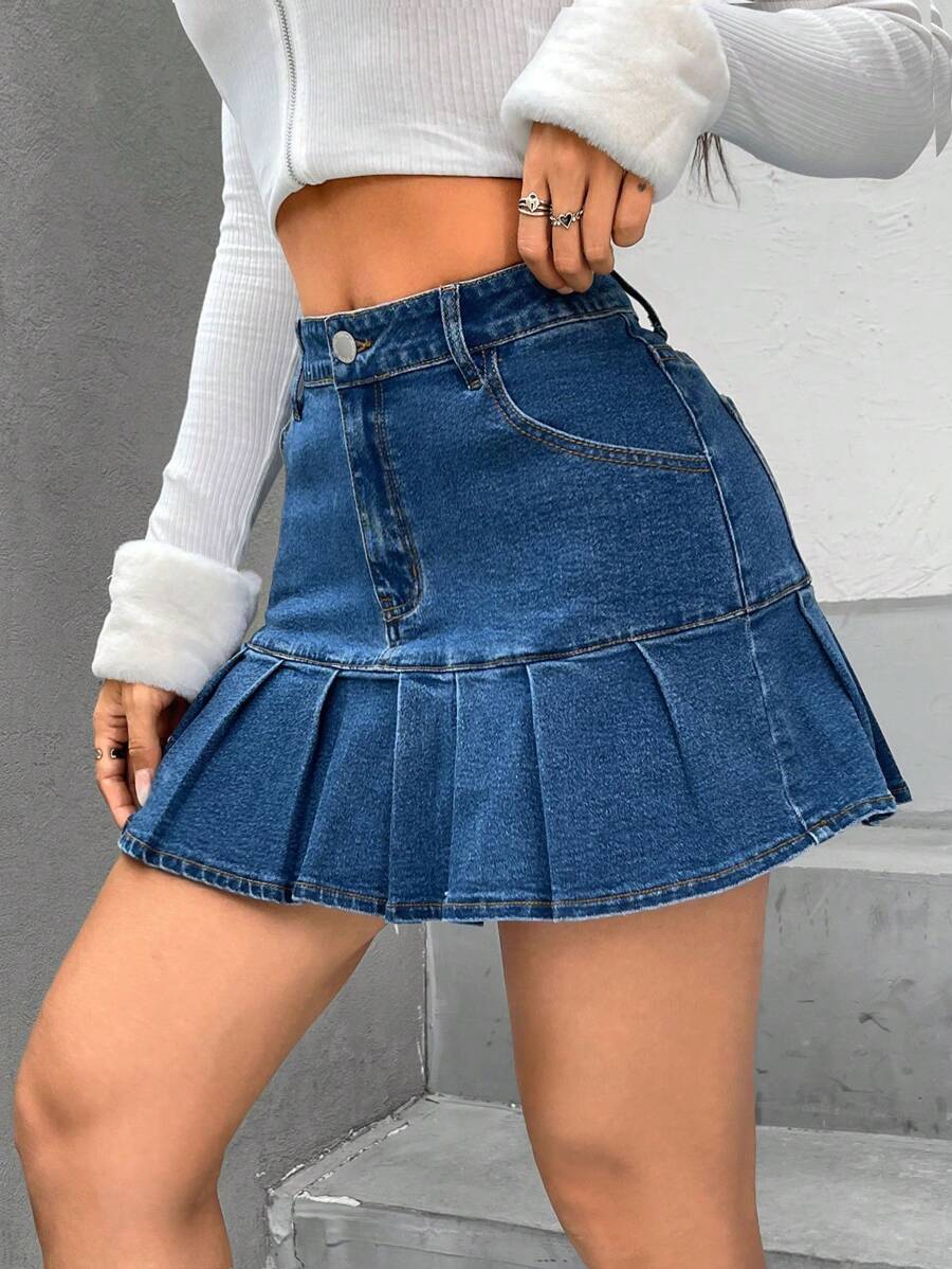 Pleated Hem Denim Skirt - Blue - View 1