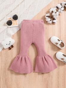 SHEIN Đứa bé gái Xù Hoa Sen Chân bùng Quần len - Hồng - Xem 2