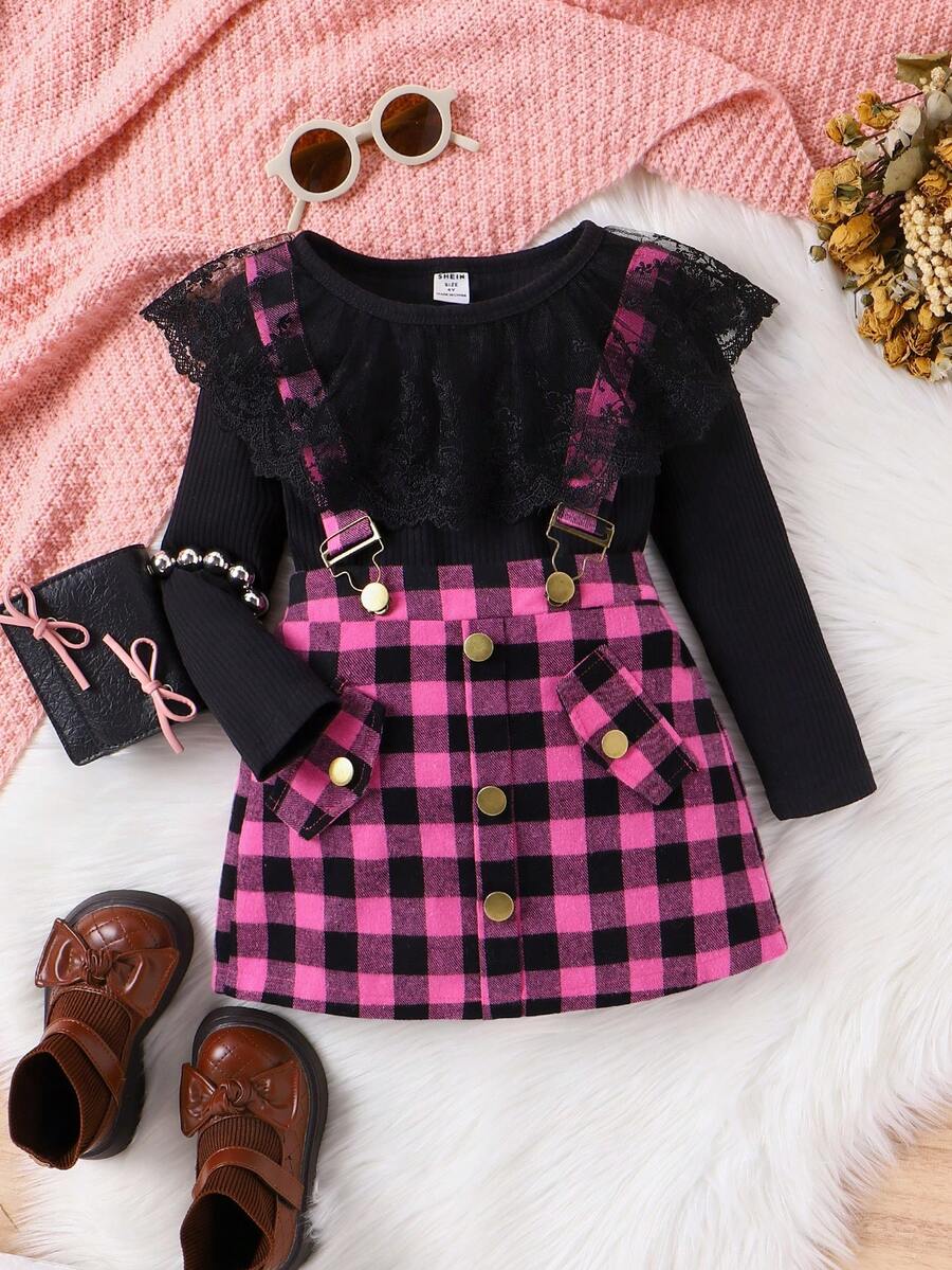 SHEIN 小女孩蕾絲拼接t恤和格子背帶裙兩件套裝 - 紫羅蘭色 - 查看 1