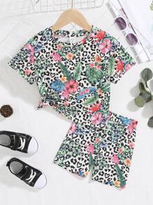 SHEIN 小女童1入組熱帶印花和豹紋印花T恤和1入組騎行褲 - 彩色 - 查看 1
