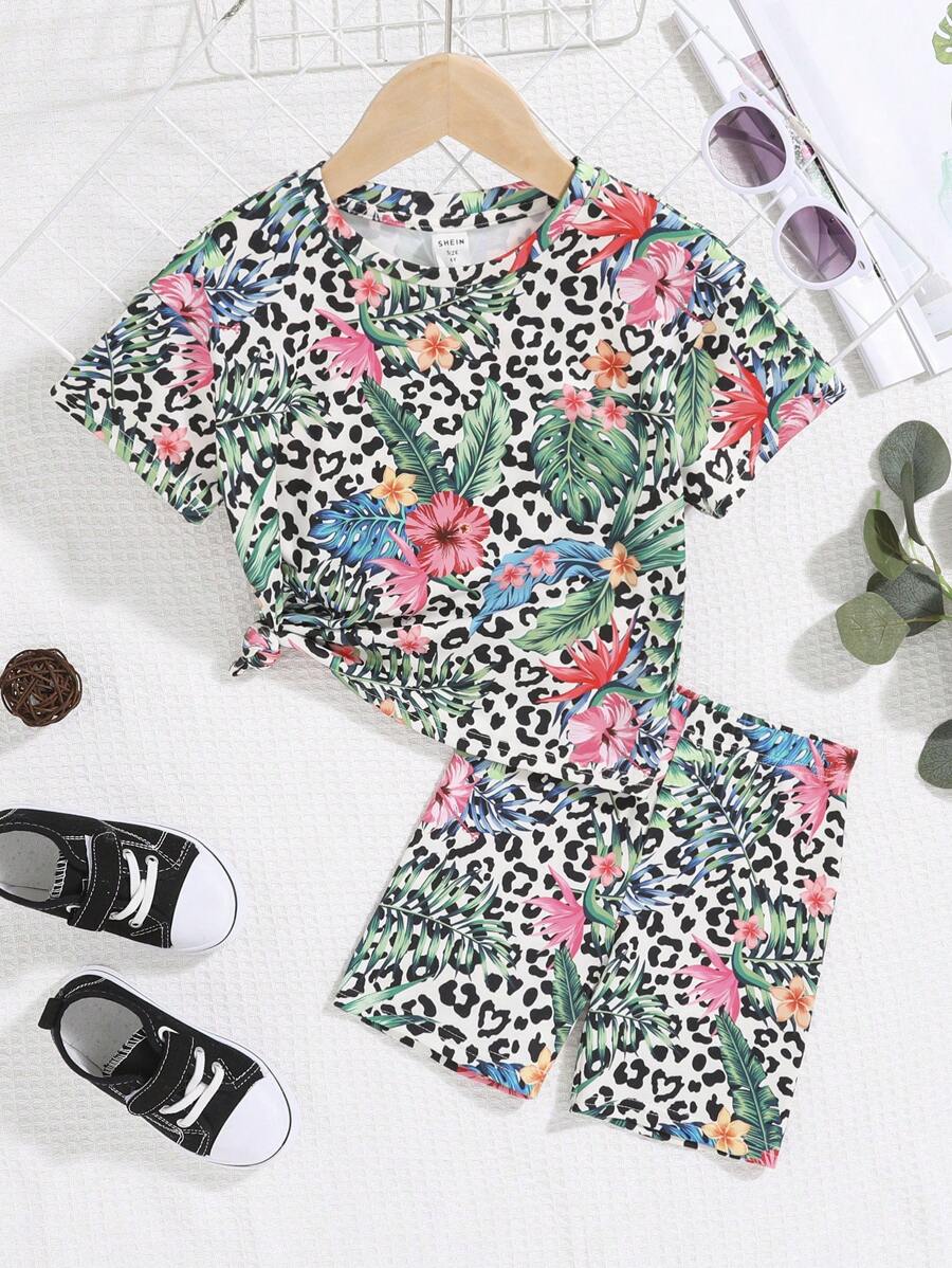 SHEIN 小女童1入組熱帶印花和豹紋印花T恤和1入組騎行褲 - 彩色 - 查看 1