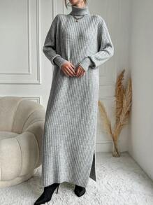 SHEIN Vestido De Suéter De Punto Acanalado Con Cuello Alto Y Hombros Caídos (cinturón No Incluido)