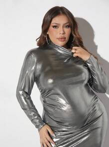 SHEIN SXY 大尺碼女士金屬紋理緊身銀色禮服性感裝扮俱樂部情人節裝扮 - 深灰色 - 查看 6