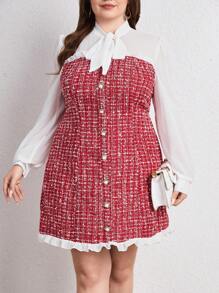 SHEIN Privé 大碼格紋印花繫帶領前紐扣假兩件洋裝 - 紅白色 - 查看 5
