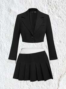 SHEIN EZwear Lapel Collar Crop Blazer & Pleated Skirt Without Shirt - Black and White - View 1