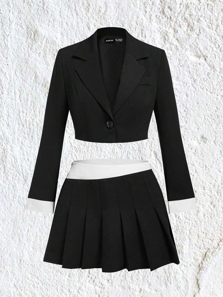 SHEIN EZwear Lapel Collar Crop Blazer & Pleated Skirt Without Shirt - Black and White - View 1