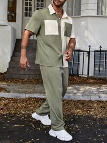 Manfinity Homme 男士大码雙色口袋貼布襯衫和褲子 - 彩色 - 查看 4