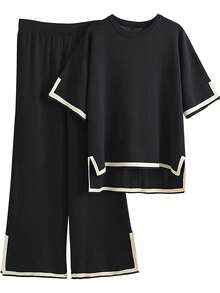 Contrast Binding Tee & Wide Leg Pants - Black - View 3