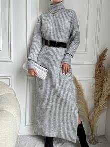 SHEIN Vestido De Suéter De Punto Acanalado Con Cuello Alto Y Hombros Caídos (cinturón No Incluido)