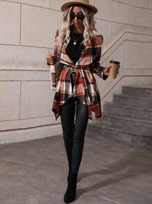SHEIN LUNE Plaid Coat With Large Lapel And Belt - Orange - View 5