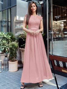 MIUSOL Floral Lace Short Sleeve Chiffon Satin Waist Formal Party Maxi Dress, Elegant Women's Party Gown, Ball Gown, Wedding Guest Dress, Graduation Ceremony Dress, Evening Gown - Pink - View 7