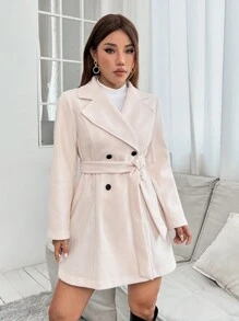 SHEIN PETITE Cổ áo Đôi ngực Áo khoác - Màu be - Xem 6