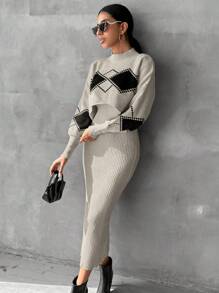 EURMUSE Women's Short Cut Geometric Pattern Sweater And Knitted Vest Dress Two-piece Set - Apricot - View 6