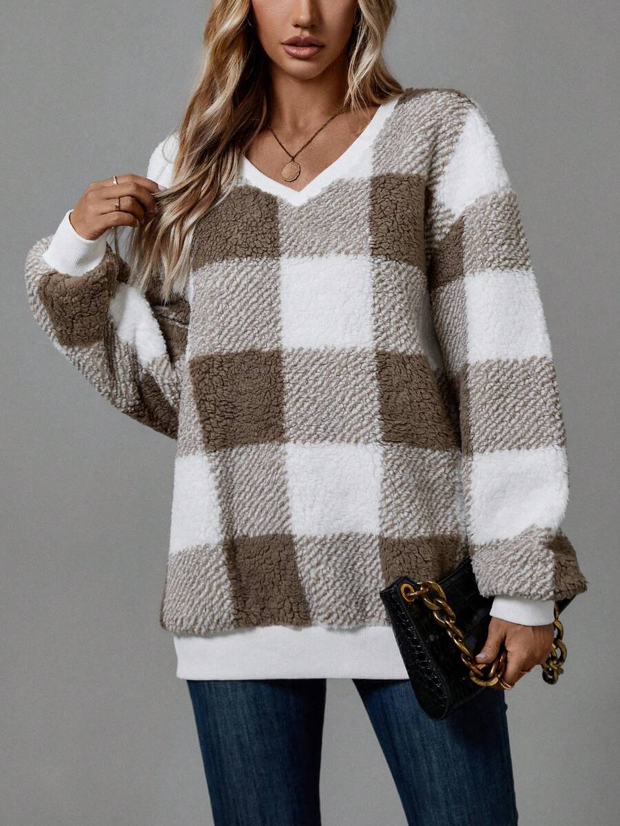 SHEIN LUNE In kẻ sọc Buffalo Thả vai Teddy Áo nỉ - màu nâu - Xem 1