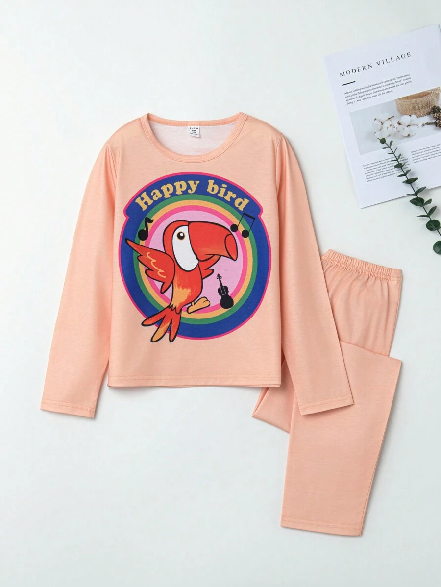 Girls' Happy Bird Patterned 2-piece Home Clothes Set - Apricot - View 1